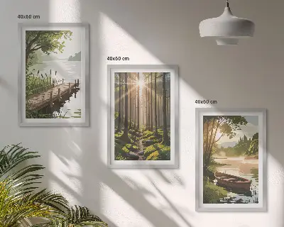 Cadre photo mural paysage de forêt avec lac et bateau