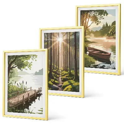 Cadre photo mural paysage de forêt avec lac et bateau