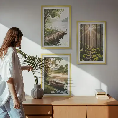 Cadre photo mural paysage de forêt avec lac et bateau