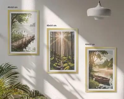 Cadre photo mural paysage de forêt avec lac et bateau