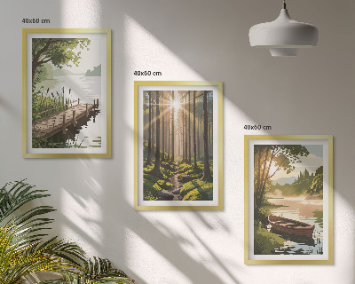 Cadre photo mural Paysage de forêt, lac, bateau