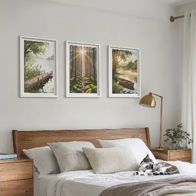 Cadre photo mural paysage de forêt avec lac et bateau
