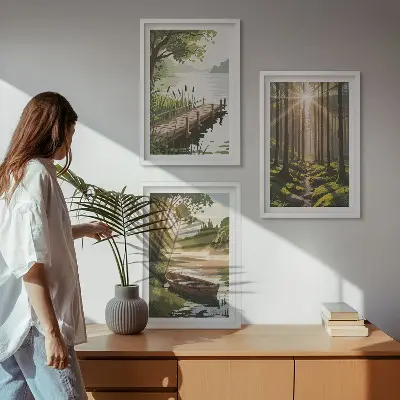Cadre photo mural paysage de forêt avec lac et bateau