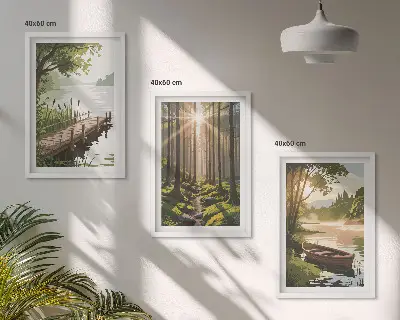 Cadre photo mural paysage de forêt avec lac et bateau