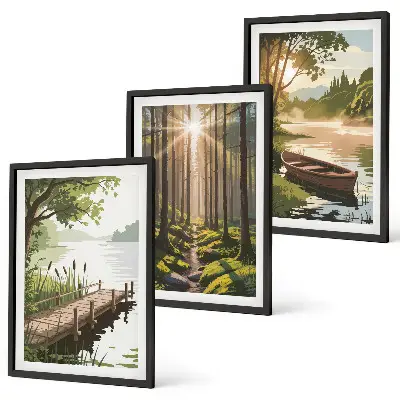 Cadre photo mural paysage de forêt avec lac et bateau