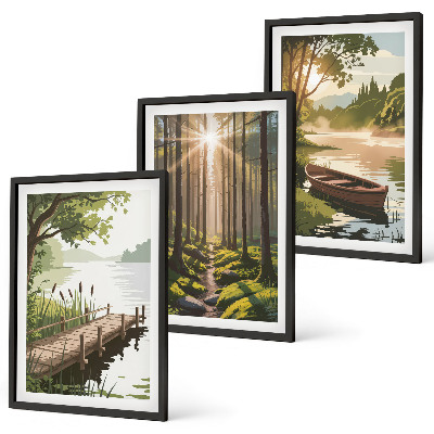Cadre photo mural Paysage de forêt, lac, bateau