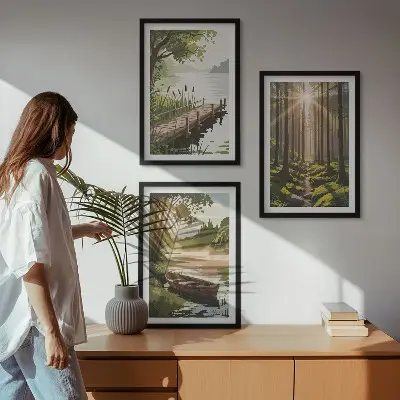 Cadre photo mural paysage de forêt avec lac et bateau
