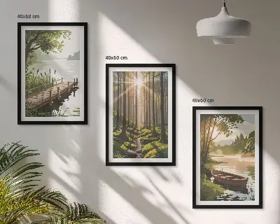 Cadre photo mural paysage de forêt avec lac et bateau