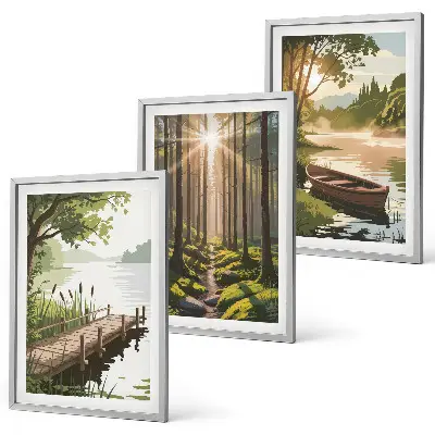 Cadre photo mural paysage de forêt avec lac et bateau