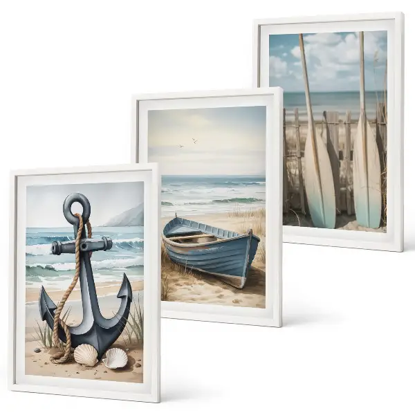 Lot de 3 tableaux pour salon avec motif ancre bateau rames et plage