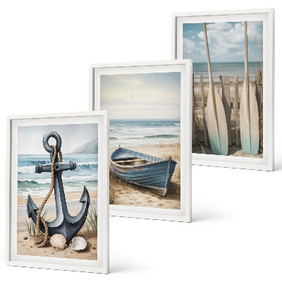 Lot de 3 tableaux pour salon Ancre bateau rames plage