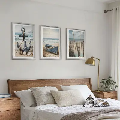 Lot de 3 tableaux pour salon avec motif ancre bateau rames et plage