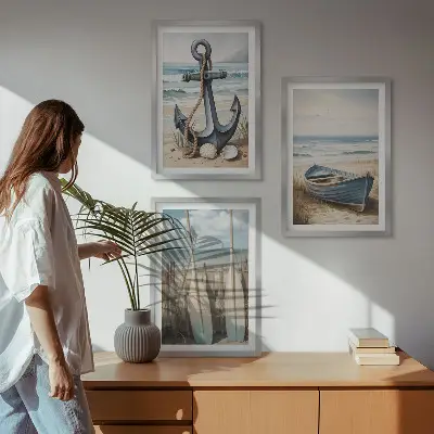 Lot de 3 tableaux pour salon avec motif ancre bateau rames et plage