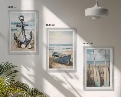 Lot de 3 tableaux pour salon avec motif ancre bateau rames et plage