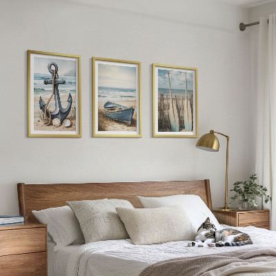 Lot de 3 tableaux pour salon Ancre bateau rames plage