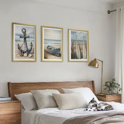 Lot de 3 tableaux pour salon avec motif ancre bateau rames et plage