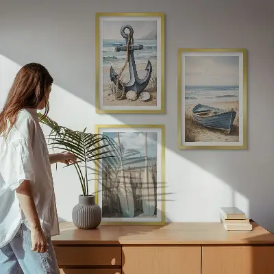 Lot de 3 tableaux pour salon avec motif ancre bateau rames et plage