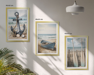 Lot de 3 tableaux pour salon Ancre bateau rames plage