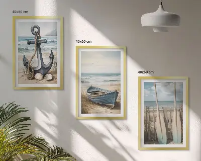 Lot de 3 tableaux pour salon avec motif ancre bateau rames et plage