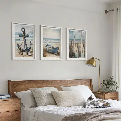 Lot de 3 tableaux pour salon avec motif ancre bateau rames et plage