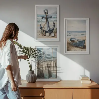 Lot de 3 tableaux pour salon avec motif ancre bateau rames et plage