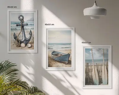 Lot de 3 tableaux pour salon avec motif ancre bateau rames et plage