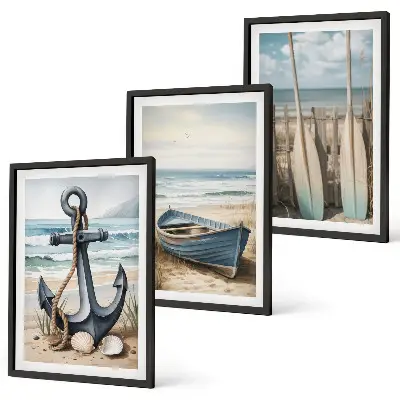 Lot de 3 tableaux pour salon avec motif ancre bateau rames et plage
