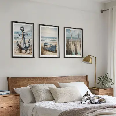 Lot de 3 tableaux pour salon avec motif ancre bateau rames et plage