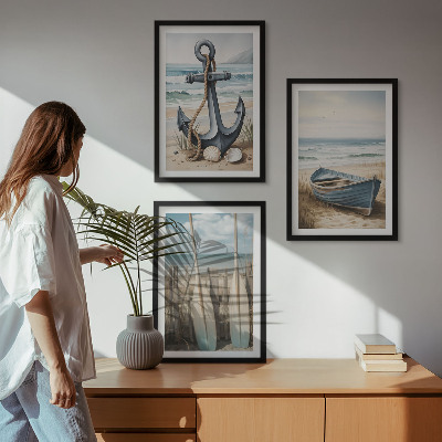 Lot de 3 tableaux pour salon Ancre bateau rames plage