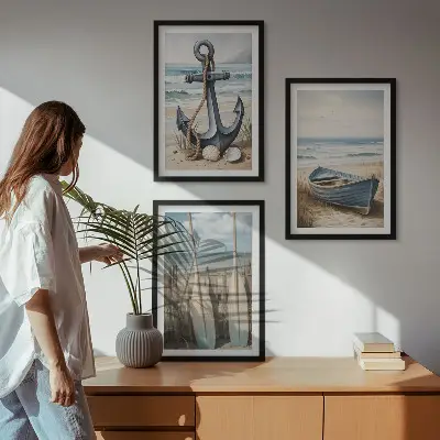 Lot de 3 tableaux pour salon avec motif ancre bateau rames et plage
