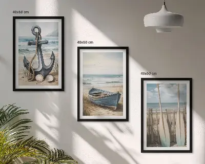 Lot de 3 tableaux pour salon avec motif ancre bateau rames et plage