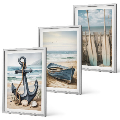 Lot de 3 tableaux pour salon Ancre bateau rames plage