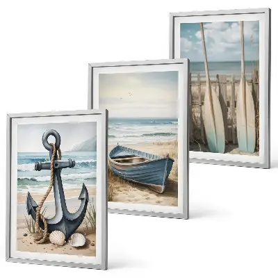 Lot de 3 tableaux pour salon avec motif ancre bateau rames et plage