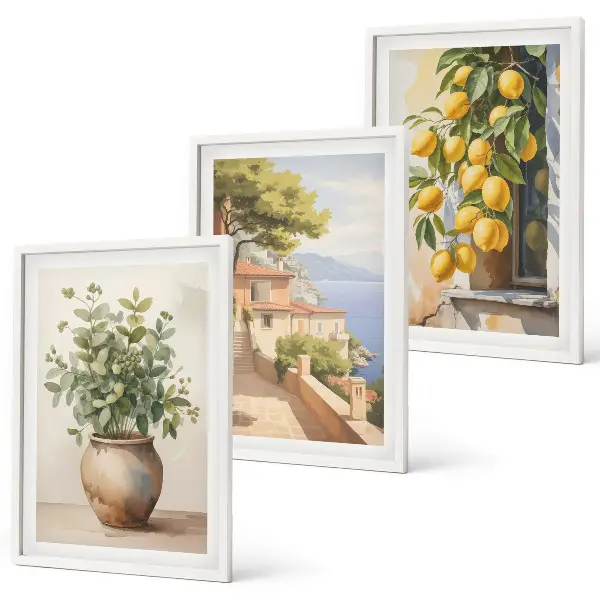 Lot de 3 tableaux pour salon représentant des fleurs dans un vase et une mer de citrons
