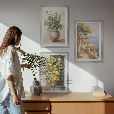 Lot de 3 tableaux pour salon représentant des fleurs dans un vase et une mer de citrons
