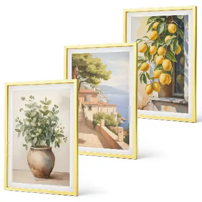 Lot de 3 tableaux pour salon représentant des fleurs dans un vase et une mer de citrons