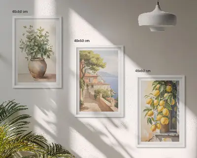 Lot de 3 tableaux pour salon représentant des fleurs dans un vase et une mer de citrons