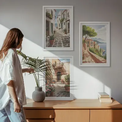 Cadre photo mural avec motifs de rues, maisons, plantes et pots