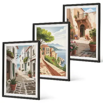 Cadre photo mural avec motifs de rues, maisons, plantes et pots