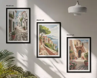 Cadre photo mural avec motifs de rues, maisons, plantes et pots