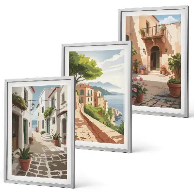 Cadre photo mural avec motifs de rues, maisons, plantes et pots