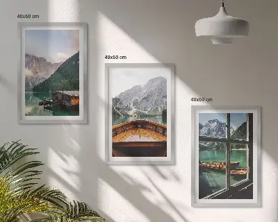 Ensemble de 3 tableaux pour salon représentant des gîtes au bord d'un lac de montagne