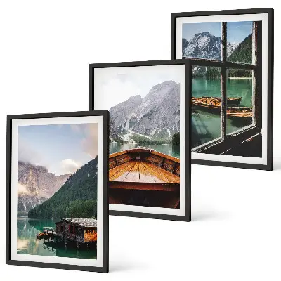 Ensemble de 3 tableaux pour salon représentant des gîtes au bord d'un lac de montagne