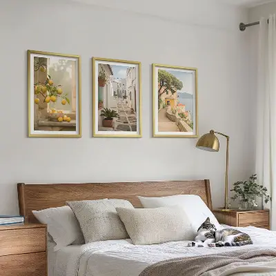Lot de 3 tableaux pour salon vue sur des agrumes depuis la fenêtre