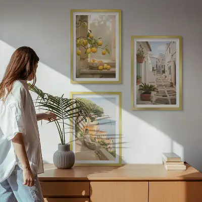 Lot de 3 tableaux pour salon vue sur des agrumes depuis la fenêtre