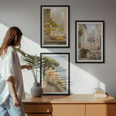 Lot de 3 tableaux pour salon vue sur des agrumes depuis la fenêtre