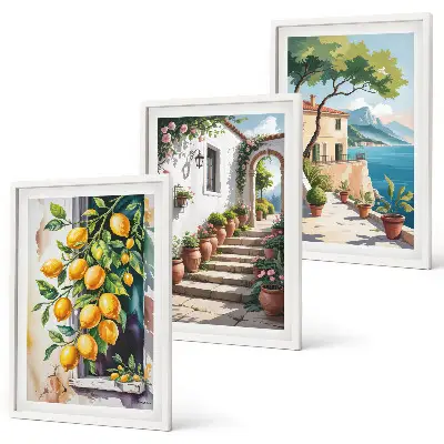 Cadre photo mural citrons, fleurs et vue sur la mer