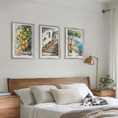 Cadre photo mural citrons, fleurs et vue sur la mer