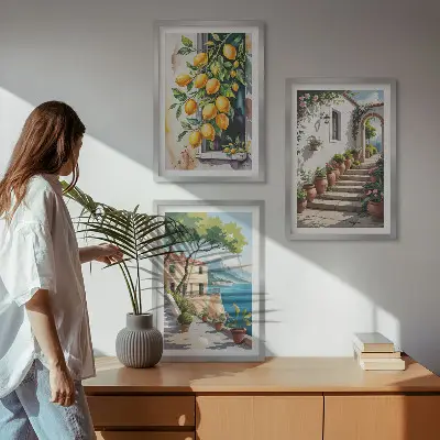 Cadre photo mural citrons, fleurs et vue sur la mer