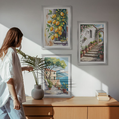 Cadre photo mural Citrons, fleurs, vue sur la mer